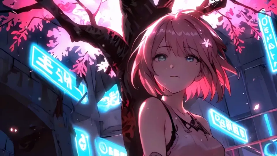 Alone Under Neon Sakura Live Wallpaper 4K